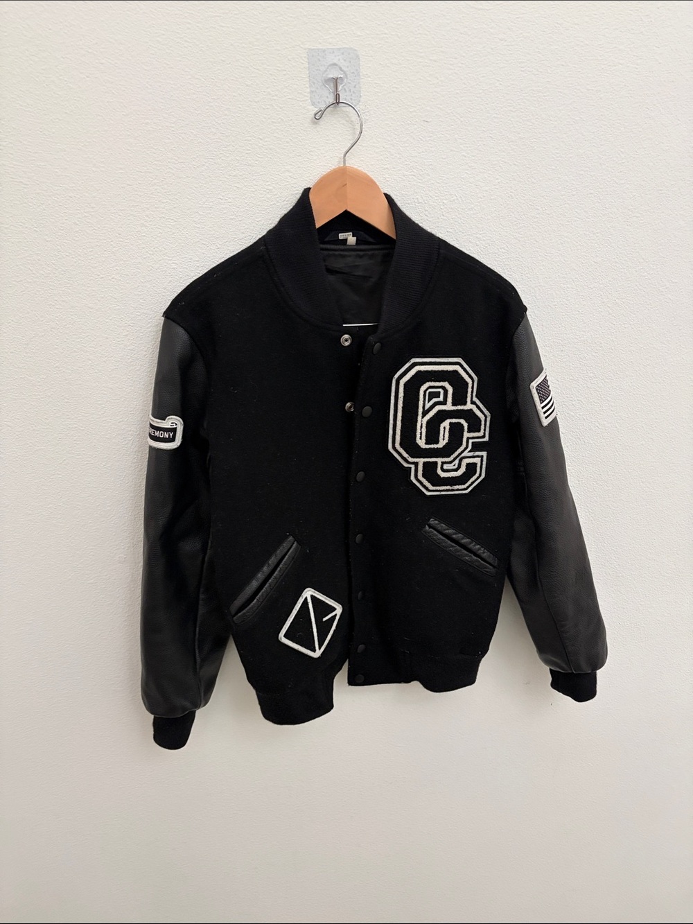 Opening Ceremony Black Varsity Bomber Jacket with Leather Sleeves